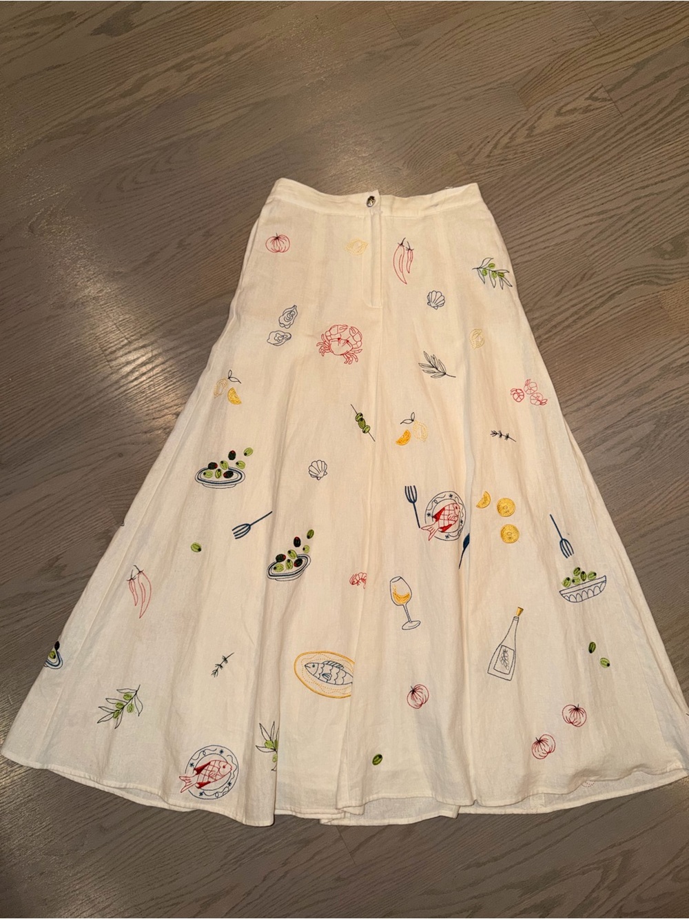 Caroline Constas White Maxi Skirt with Multicolor Food Embroidery